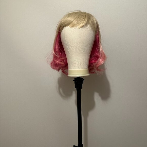 Accessories - 17" Blonde‑to‑Pink Ombré Bob with Bangs – Soft Curls, Synthetic Wig